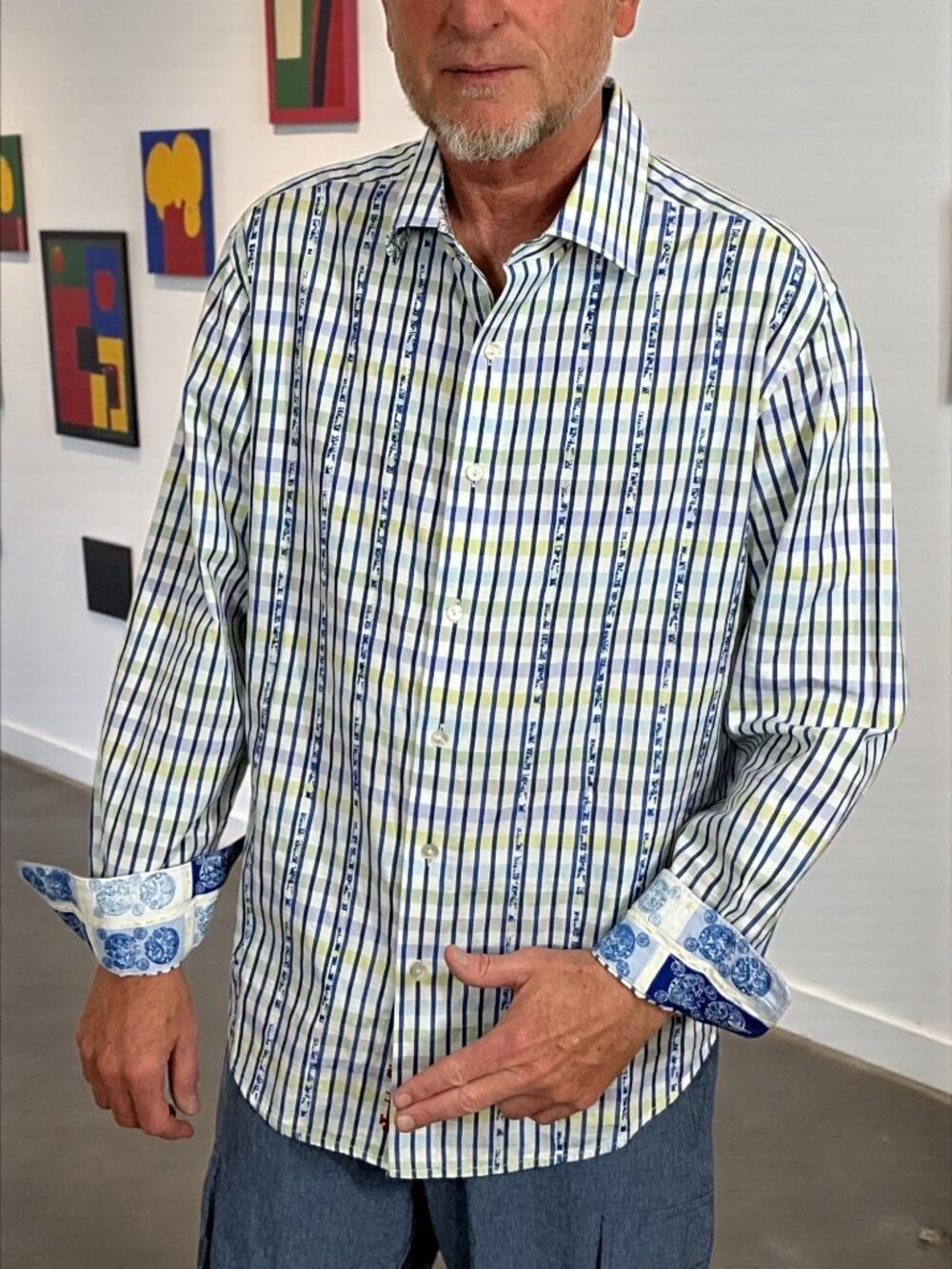Robert Graham Button Front Shirt XL Tailored Fit Blue Striped Plaid Cotton